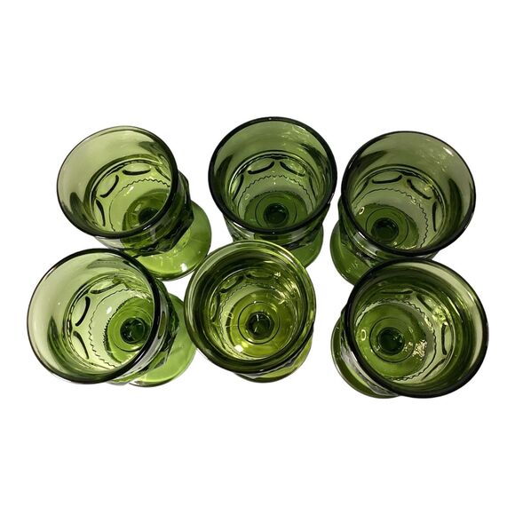 Kings Crown Avocado Green Thumb Print  Indiana Glass Cordial Glasses Six - Picture 5 of 9